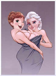 2girls anna_(frozen) blonde_hair breast_press breasts brown_hair busty cleavage disney edit elsa_(frozen) eyeshadow freckles frozen_(film) incest lipstick makeup multiple_girls rastifan shared_clothes siblings sisters voluptuous wink yuri