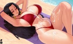 1girls after_orgasm ai_generated beach big_breasts bikini black-haired_female boa_hancock breasts busty cleavage closed_eyes clothed clothed_female clothing cum cum_on_body cum_on_breasts cum_on_leg cum_on_legs cum_on_lower_body curvy female female_only hourglass_figure huge_breasts lying_on_back mature_female milf one_leg_bent one_leg_up one_piece revealing_clothes self_upload sleen smile smiling solo solo_female thick_thighs voluptuous voluptuous_female