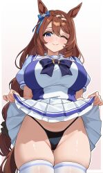 rimun_rimun umamusume super_creek_(umamusume) absurdres commentary highres 1girl animal_ears black_panties blue_eyes blush bow braid breasts brown_hair clothes_lift ear_bow hair_between_eyes hair_ornament highleg highleg_panties horse_ears horse_girl horse_tail large_breasts lifting_own_clothes long_hair looking_at_viewer multicolored_shirt one_eye_closed panties partially_visible_vulva presenting puffy_short_sleeves puffy_sleeves purple_bow purple_shirt sailor_collar shirt short_sleeves simple_background skirt skirt_lift smile solo standing tail thick_thighs thighhighs thighs thong underwear very_long_hair white_background white_sailor_collar white_shirt white_thighhighs 1girls