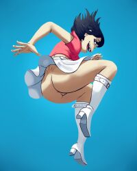 1girls anus asian ass ass_focus asshole black_hair booty booty_focus butt_focus casual cute edited_official_artwork female footwear going_commando gorillaz happy heels hi_res high_heel_boots human jumping looking_at_another looking_at_partner looking_at_viewer looking_back looking_back_at_viewer looking_down no_panties noodle_(gorillaz) outta_sync pale_skin pink_shirt pov pussy smiling_at_viewer upskirt white_boots