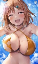 1girls artist_name atelier_(series) atelier_ryza belko big_breasts bikini breasts brown_eyes cleavage dated female_only hair hair_ornament hi_res light-skinned_female light_skin navel open_mouth_smile reisalin_stout solo yellow_bikini yellow_bikini_top