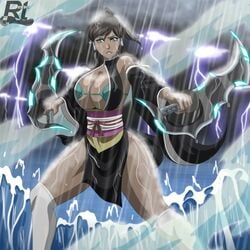 1girls avatar_legends blades bra breasts busty cleavage clothed clothing dark-skinned_female dark_skin ero-enzo female female_only kimono korra large_breasts rain solo storm swords the_avatar the_legend_of_korra thunder voluptuous water water_tribe waves weapon