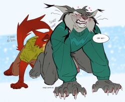 absurd_res anal anthro balls blush bodily_fluids canine chains clothed clothing collar crouching disney erection felid feline foreskin fox front_view gay genitals green_clothing green_sweater green_topwear half-closed_eyes hands_behind_back hi_res humanoid_genitalia humanoid_penis ksejl lynx male male/male male_only mammal narrowed_eyes nick_wilde orange_fur partially_retracted_foreskin pawbert_lynxley penis raised_clothing raised_sweater raised_topwear saggy_balls simple_background slightly_chubby solo sweater tears tongue tongue_out topwear zootopia