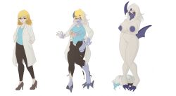 2024 3_toes 5_fingers absol amber_(ambersol13) anthro areola arm_under_breasts bangs bent_arm big_breasts big_nipples black_bottomwear black_clothing black_eyebrows black_nose black_pants blonde_hair blue_areola blue_body blue_claws blue_clothing blue_nipples blue_shirt blue_skin blue_tail blue_topwear blush body_size_growth bottomwear breast_growth breasts brown_clothing brown_eyes brown_footwear brown_high_heels claw_toes claws clothed clothed_female clothed_human clothes_on_floor clothing collarbone colored digital_drawing_(artwork) digital_media_(artwork) elcastorblanco english_description eyebrow_through_hair eyebrows eyelashes eyelashes_through_hair eyewear fan_character feet female female_anthro female_human finger_claws fingers footwear fully_clothed fully_clothed_female fully_clothed_human fur generation_3_pokemon genitals glasses growth hair hair_color_change hand_in_pocket head_blade hi_res high_heels human light lighting long_hair looking_at_viewer mammal multicolored_body navel nintendo nipples nude nude_anthro nude_female open_mouth open_smile pants pink_tongue pockets pokemon pokemon_(species) rectangular_glasses red_eyes sequence shaded shirt shoes simple_background size_transformation smile smiling_at_viewer solo species_transformation standing surprised tail tan_areola tan_body tan_nipples tan_skin toes tongue topwear torn_bottomwear torn_clothing torn_lab_coat torn_pants torn_shirt torn_topwear transformation transformation_sequence translucent translucent_hair two_tone_body vulva white_background white_body white_fur white_hair white_lab_coat