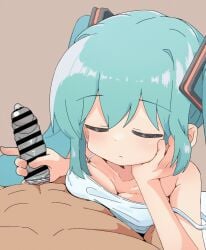 1boy 1girls animated blue_hair censor_bar censored censored_penis condom female gif hand_on_cheek handjob hatsune_miku light-skinned_female light-skinned_male light_skin looking_at_viewer nude_male penis pov pov_eye_contact sagami_sagari straight vocaloid