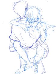 1boy 1girls ambiguous_penetration barefoot blush canon_genderswap carrying_partner class_3-z cling clinging female genderswap_(mtf) ginko_sakata gintama gintoki_sakata if_owy leg_lock male monochrome no_visible_genitalia rough_sketch rule_63 sakamoto_tatsuma sketch
