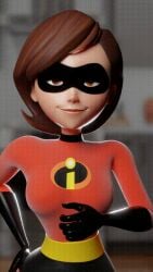 1girls 3d 9:16 animated animated_gif bodysuit brown_eyes brown_hair eye_mask female female_only handjob_gesture helen_parr looking_at_viewer medium_breasts nipple_bulge peace_sign seductive short_hair smile solo straight suggestive teasing the_incredibles tongue_out vertical_video w