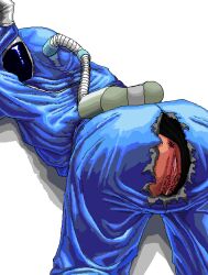1girls arched_back bodysuit bunny_person bunny_suit cum cum_in_pussy female intel laying_down mascot panties panties_aside plain_background presenting_ass presenting_butt presenting_pussy ripped_clothing solo work_uniform