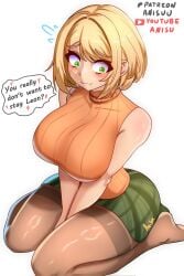 1girls anisdrawn ashley_graham bare_shoulders between_legs black_pantyhose blonde_hair blush breasts capcom english_text female green_eyes green_skirt hand_between_legs hands_between_legs large_breasts orange_turtleneck pantyhose plaid plaid_clothes plaid_skirt resident_evil resident_evil_4 seiza shiny_skin short_hair simple_background sitting skirt sleeveless sleeveless_turtleneck solo solo_female solo_focus sweat thick_thighs thighband_pantyhose thighs translation_request turtleneck white_background