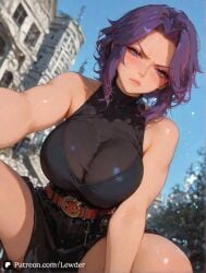 1girls ai_generated big_ass big_breasts blush boku_no_hero_academia breasts cleavage closed_mouth female female_on_cloth female_only highleg huge_breasts kaina_tsutsumi lady_nagant large_breasts lewder looking_at_viewer multicolored_hair my_hero_academia one-piece_swimsuit one_eye_closed pool purple_eyes purple_hair short_hair sitting smile solo streaked_hair thighs water wet
