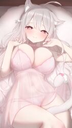 ahoge animal_ear_fluff animal_ears babydoll blush bow breasts cat_ears cat_girl cat_tail choker cleavage closed_mouth female grey_hair hair_between_eyes hair_ornament heart-shaped_pupils large_breasts lingerie long_hair looking_at_viewer lying navel need_this_myself negligee on_back on_bed pantsu pillow pink_bow pink_choker pink_eyes pink_nails pink_panties pink_ribbon pom_pom_hair_ornament see-through smile solo strap_pull symbol-shaped_pupils tail tail_between_legs thighs uise_iu underwear virtual_youtuber white_hair white_panties white_tail
