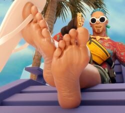 1boy 3d 3d_(artwork) barefoot beach beach_background beach_chair clothed crossed_ankles crossed_feet dangling_flip_flop dreadlocks facial_hair fanny_pack feet_fetish feet_focus fingerless_gloves flip_flops foot_fetish foot_focus fortnite fortnite:_battle_royale gay goatee gold_necklace gold_teeth jerk_off_motion king_krab light-skinned_male light_skin looking_at_viewer low-angle_view male male_feet male_focus male_foot_fetish male_only male_soles mrgtsfloop palm_tree shirtless sitting sitting_on_chair soles soles_fetish soles_focus solo solo_focus solo_male sunglasses tattoos tattoos_everywhere teal_hair tied_hair