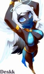 1girls ai_generated angel angel_wings armpits blue_outfit closed_mouth dancer dancer_outfit dancing dark-skinned_female dark_skin deskk emily_(hazbin_hotel) eyeshadow feathered_wings female halo hands_behind_head hands_up hazbin_hotel hi_res high_resolution jewelry long_hair looking_at_viewer medium_breasts navel ring smile solo tan tanlines teenager white_hair white_wings wings