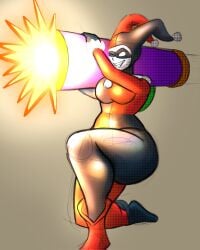 1girls batman_(series) big_breasts big_thighs bodysuit busty cannon clown clown_girl dc dc_comics female female_focus female_only gun harley_quinn harley_quinn_(classic) jester jester_girl jester_hat jester_outfit kneeling large_thighs rocket_launcher shooting shooting_gun solo solo_female solo_focus superbone thick_thighs thunder_thighs weapon wide_hips