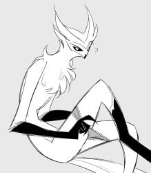 avian_humanoid black_and_white funny_face helluva_boss helluva_venti interrogation looking_at_viewer naked_male non-sexual paimon_(helluva_boss) simple_background uncolored