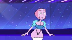 :o alternate_breast_size aqua_shirt black_panties blue_eyes blue_shirt breasts bursting_breasts cleavage clothing colored_skin cowboy_shot crop_top female flat_color forehead_jewel g-string gem half-closed_eyes highleg highleg_panties indoors jitome large_breasts legs_together micro_panties midriff narrow_waist navel no_pants open_clothes open_mouth panties pearl_(gemstone) pearl_(steven_universe) pink_hair pink_skin puffy_short_sleeves puffy_sleeves purple_skin round_teeth shirt short_hair short_sleeves shrug_(clothing) skindentation solo standing steca steven_universe string_panties teeth thelazyart thick_thighs thighhighs thighs thong underwear upper_teeth_only white_thighhighs wide_hips