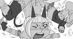 animal_ears blush bottomless cat_ears disembodied_hand feline female fingerless_gloves gloves greyscale heart heart-shaped_pupils humanoid magi mammal monochrome nadia_fortune one_eye_closed open_mouth pussy_juice scar skullgirls solo_focus symbol-shaped_pupils tongue tongue_out