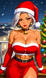 abs ai_generated balcony bare_shoulders beautiful billiemi02 christmas city_background curvy_figure dark_skin earrings eyelashes eyeshadow fantasy female_only grey_hair king_of_fighters large_breasts lipstick looking_at_viewer lovely merry_christmas middle_eastern_female muscular_female najd_(kof) night santa_girl santa_hat seductive seductive_eyes semi_realistic sexy smiling snk solo_focus stable_diffusion star_earrings thick_thighs video_game_character video_game_franchise video_games voluptuous_female