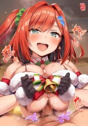 1boy 1girls artist_name belko breasts breasts_squeezed_together censored censored_penis christmas cleavage cum cum_between_breasts dated dolphin_wave ejaculation ejaculation_between_breasts gloves green_eyes hair hair_ornament hi_res iruka_sakimiya japanese_text light-skinned_female light_skin medium_hair mosaic_censoring paizuri paizuri_lead_by_female paizuri_under_clothes penis red_hair sakimiya_iruka side_ponytail underboob