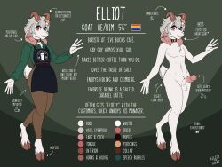 anthro apron balls barista bovid bovid_horn caprine caprine_horn chest_tuft clothing collar collared_shirt color_swatch dress_shirt ear_piercing elliot_(espressothegoat) english_text espressothegoat femboy flat_colors fur genitals goat goat_horn goat_tail green_clothing green_shirt green_topwear grey_hair hair hi_res hooves horn horn_jewelry horn_ring jewelry khakis lgbt_pride looking_at_viewer male mammal model_sheet nude nude_anthro nude_male off/on penis piercing pride_colors rainbow_flag rainbow_pride_flag rainbow_symbol ring_(jewelry) shirt simple_background solo text topwear tuft white_body white_fur work_uniform