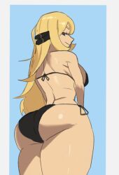 1girls ass ass_focus back_view big_ass bikini black_bikini black_eyes blonde_female blonde_hair curvy curvy_figure cynthia_(pokemon) female female_focus female_only hair_ornament looking_at_viewer looking_back milf pokemon pokemon_dppt smile swimsuit tagme voluptuous voluptuous_female