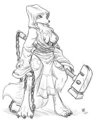 2014 anthro bandai_namco black_and_white black_sclera breasts canid canine chains chest_tuft clothing digimon digimon_(species) female fur hammer hood looking_at_viewer mammal monochrome nipples renamon robe s-nina simple_background solo tools tuft weapon white_background