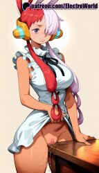 1girls 2025 ai_generated artist_name breasts bust chest clitoral_hood clothes_lift dress dress_lift electroworld exposed_pussy female female_only gradient gradient_background hair_over_one_eye hi_res high_quality high_resolution highres juicy_pussy long_hair no_panties one_piece patreon patreon_username purple_eyes pussy pussy_juice red_hair sleeveless solo stable_diffusion table tight_pussy uta_(one_piece) vagina watermark