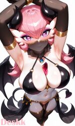 ai_generated armpits big_breasts blush breasts breeding choker dancer dancer_outfit dancing demon_wings deskk eyelashes female female_only gardevoir gloves hand_up hands_behind_head heart_symbol hi_res jewelry long_tail looking_at_viewer navel pink_hair pokemon smile standing stockings succubus succubus_horns succubus_tail white_background white_body wings