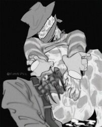 balls cum cum_in_ass digital_media_(artwork) freddy_krueger gagged horror looking_away male monochrome nightmare_on_elm_street nipples offscreen_character penis pov raped tagme weapon yaoi