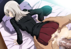 angry anus bed_sheet blue_eyes censored clothed_sex doggy_style female fugakuhyakkei garrison_cap girls_und_panzer hair hat headgear itsumi_erika looking_back miniskirt mosaic_censoring no_panties penis pillow pleated_skirt red_skirt silver_hair skirt solo_focus spread_anus uniform