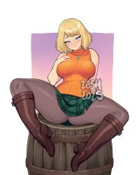 1girls 2025 20s ashley_graham barrel belt blonde_hair blue_eyes blush boots breasts brown_belt brown_boots brown_pantyhose capcom green_skirt hand_on_own_chest jewelry knee_boots large_breasts looking_at_viewer necklace orange_sweater pantyhose plaid_clothes plaid_skirt resident_evil resident_evil_4 short_hair sitting skirt sleeveless sleeveless_sweater smile spread_legs sweater white_background zeshgolden