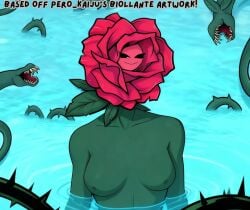 anonorsomt big_breasts biollante boobs_out breasts breasts_out female female_only flower girl girl_only godzilla_(series) green_body green_nipples green_skin kaiju kaiju_girl large_breasts ocean plant_humanoid red_petals rose rose_(flower) rose_petals vines water