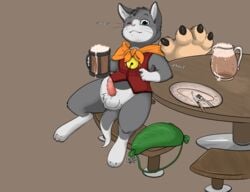 alcohol animal_genitalia animal_penis beer beverage bottomless capcom clothed clothing drunk erection feline feline_penis felyne food fur grey_fur kaptcha male male_only mammal monster_hunter penis sitting solo table video_games white_fur