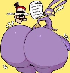 anothercat anthro ass big_butt big_penis bow_tie butt_expansion caine_(the_amazing_digital_circus) censored_text clothing english_text erection exclamation_point expansion genitals glitch_productions gloves handwear hat headgear headwear hi_res huge_butt huge_cock huge_hips huge_thighs hyper hyper_butt hyper_genitalia hyper_penis jax_(the_amazing_digital_circus) lagomorph leporid looking_back male male_only mammal nude penis profanity purple_body question_mark rabbit solo speech_bubble text the_amazing_digital_circus thick_thighs top_hat wide_hips