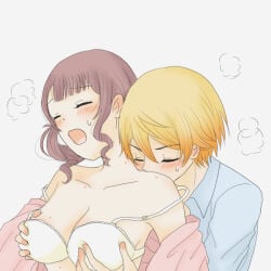 behind_another bra half_dressed moaning mochizuki_honami nibbling playing_with_breasts project_sekai tenma_tsukasa
