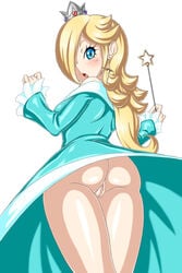 1girls ass ass_focus big_ass big_butt blonde_hair blue_eyes blush booty bubble_ass bubble_butt butt_focus censored crown dat_ass dress earrings female from_behind hair_over_one_eye huge_ass kattiy looking_at_viewer looking_back mario_(series) nintendo no_panties open_mouth parted_lips princess_rosalina pussy solo thick_ass upskirt wand white_background