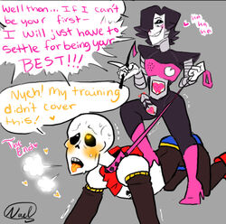 <3_eyes ... animated_skeleton blush bone collar dialogue english_text heart imminent_sex leash machine male mettaton mettaton_ex nsfwshamecave papyrus penis riding_crop robot skeleton sweat text undead undertale video_games whip yaoi