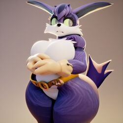 1girls 3d 3d_(artwork) ai_generated animal_ears animal_nose anthro anthro_only belt belt_buckle big_the_cat biggie_(female_big) black_nose breasts cheek_tuft chubby chubby_female closed_mouth cowboy_shot eyelashes fat fat_female felid feline felis female female_only furry furry_only gloves green_sclera grey_background grey_eyes hands_up high_belt large_breasts light_frown looking_to_the_side nude nude_female plump purple_body purple_fur sega simple_background solo solo_female sonic_(series) sonic_the_hedgehog_(series) tail thick_thighs three-quarter_portrait three-quarter_view tifokoh57 two-tone_body two-tone_fur white_body white_fur wide_hips yellow_belt