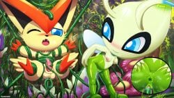 absurd_res anal animal_genitalia anthro blush bodily_fluids bondage bound celebi dominant dominant_female duo female generation_2_pokemon generation_5_pokemon genital_fluids genitals glistening glistening_body glistening_genitalia glistening_penis hi_res ichimoral inviting legendary_pokemon limited_movement male male/female musk musk_cloud mythical_pokemon nintendo penetration penis pokemon pokemon_(species) precum restrained restrained_by_tentacles sex sheath short short_stack smug submissive submissive_male sweat teasing teasing_with_butt tentacle tentacle_masturbation tentacle_penetration tentacle_sex vaginal_fluids victini