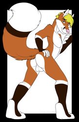 1boy 2014 anthro backsack balls big_tail black_border black_markings blonde_hair blue_eyes border brown_fur canine digitigrade dipstick_tail facial_markings fluffy fluffy_tail fox foxeh fur hair hand_on_ass hi_res hindpaw inner_ear_fluff jackiejackal long_tail looking_at_viewer male male_only mammal markings multicolored_fur multicolored_tail nude orange_fur paws pink_nose pose simple_background smile solo standing white_background white_fur