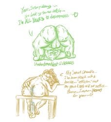 anal_fluids anal_fluids_on_sex_toy anthro anus balls bedroom_eyes begging_for_sex bent_over bodily_fluids bubble_butt bugsnax butt canon_couple chair chandlo_funkbun dated dialogue duo english_text eyewear fluffy_balls fur furniture genitals glasses green_body green_fur grumpus half-closed_eyes heart_symbol in_heat inviting_to_sex looking_at_another looking_at_partner lube_in_ass lube_on_dildo male male/male muscular muscular_male narrowed_eyes on_chair overbite pawpads paws presenting presenting_hindquarters seductive signature sitting sitting_on_chair slightly_chubby slightly_chubby_male snorpington_fizzlebean spread_butt spreading text tusks underbite undergreysnest wearing_glasses yellow_body yellow_fur young_horses