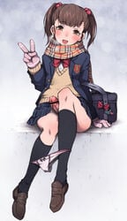 1boy bag bar_censor blazer blush breath brown_eyes brown_hair censored crossdressing erection femboy hair_bobbles hair_ornament jacket kneehighs loafers looking_at_viewer male male_only mittens original panties panties_down panty_pull penis plaid plaid_skirt precum scarf school_bag school_uniform shoes short_twintails sitting skirt smile solo sweater_vest tied_hair trap twintails underwear v wataya_2