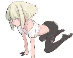 1boy all_fours aus_vaka clothed clothing femboy femboy_only lio_fotia male petite petite_body petite_male short_hair slim slim_male slim_waist solo tight_clothing twink 1femboy feminine_male suggestive_pose blush blushing thin_waist thin thin_male bob_cut midriff