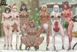 6+girls 7girls abs alternate_breast_size attack_on_titan avatar_legends bleach blush christmas crossover dark-skinned_female dark_skin eastern_and_western_character ero-enzo female female_only gingerbread_man high_heels hourglass_figure huge_breasts korra kuchiki_rukia large_breasts mikasa_ackerman muscular muscular_female rtenzo santa_hat smooth_skin snow the_avatar the_legend_of_korra tia_harribel water_tribe