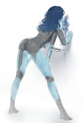 2d 4_arms accurate_body_type against_wall arched_back artist_signature back_view bending_over blue_body blue_hair doll elden_ring female female_only fromsoftware hands_on_legs licking menininini multi_arm multi_limb non-human presenting_hindquarters ranni_the_witch solo solo_female tongue tongue_out