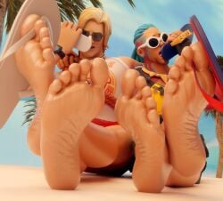 2boys 3d 3d_(artwork) arm_around_partner arms_around_partner barefoot beach beach_background blonde_hair bracelet bracelets clothed crossed_ankles crossed_feet dangling_flip_flop dreadlocks facial_hair fanny_pack feet_fetish feet_focus fingerless_gloves flip_flops foot_fetish foot_focus fortnite fortnite:_battle_royale gay goatee gold_necklace gold_teeth hand_on_partner's_shoulder hand_on_shoulder hands_on_shoulders holding_flip_flops holding_object jonesy_(fortnite) king_krab lifeguard light-skinned_male light_skin looking_down low-angle_view male male/male male_feet male_focus male_foot_fetish male_only male_soles mrgtsfloop necklace open_mouth palm_tree shark_tooth_necklace shirtless shirtless_male side_by_side sitting sniffing sniffing_flip_flops soles soles_fetish soles_focus sun_tan_specialist sunglasses sunscreen sunscreen_on_face tank_top tanktop tattoos tattoos_everywhere teal_hair whistle_around_neck