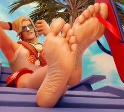 1boy 3d 3d_(artwork) arm_behind_head barefoot beach beach_background beach_chair blonde_hair bracelet bracelets clothed crossed_ankles crossed_feet dangling_flip_flop feet_fetish feet_focus flip_flops foot_fetish foot_focus fortnite fortnite:_battle_royale gay hand_behind_head jerk_off_motion jonesy_(fortnite) lifeguard light-skinned_male light_skin looking_at_viewer low-angle_view male male_feet male_focus male_foot_fetish male_only male_soles mrgtsfloop necklace palm_tree presenting presenting_feet presenting_soles shark_tooth_necklace sitting sitting_on_chair soles soles_fetish soles_focus solo solo_focus solo_male sun_tan_specialist sunglasses sunscreen sunscreen_on_face tank_top tanktop whistle_around_neck