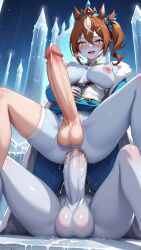 ai_generated animated big_breasts breasts brown_hair clothes daitakuhelios_umamusume_317_(umamusume) digital_media_(artwork) erection female from_below futa_focus futanari highres indoors light_skin long_hair loop male_on_futa mp4 orange_eyes penis precum sitting spread_legs tagme testicles video yaquifutasape