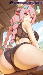 1girls 2025 ai_generated artist_name ass ass_focus big_ass big_breasts braid breasts cloud electroworld female female_only from_behind genshin_impact hi_res high_quality high_resolution highres light-skinned_female long_hair looking_back natlan_girls patreon patreon_username pink_hair sky solo stable_diffusion varesa_(genshin_impact) watermark