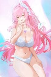 1girls aemeath_(wuthering_waves) brown_eyes female lingerie long_hair pink_hair ponytail white_lingerie wuthering_waves